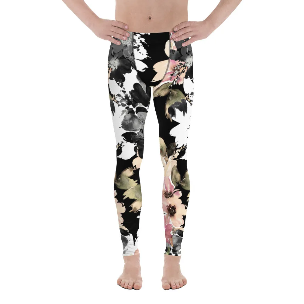 Black Pink Floral Men's Leggings, Classic Flower Print Best Designer Compression Tights For Men-Made in USA/EU/MX