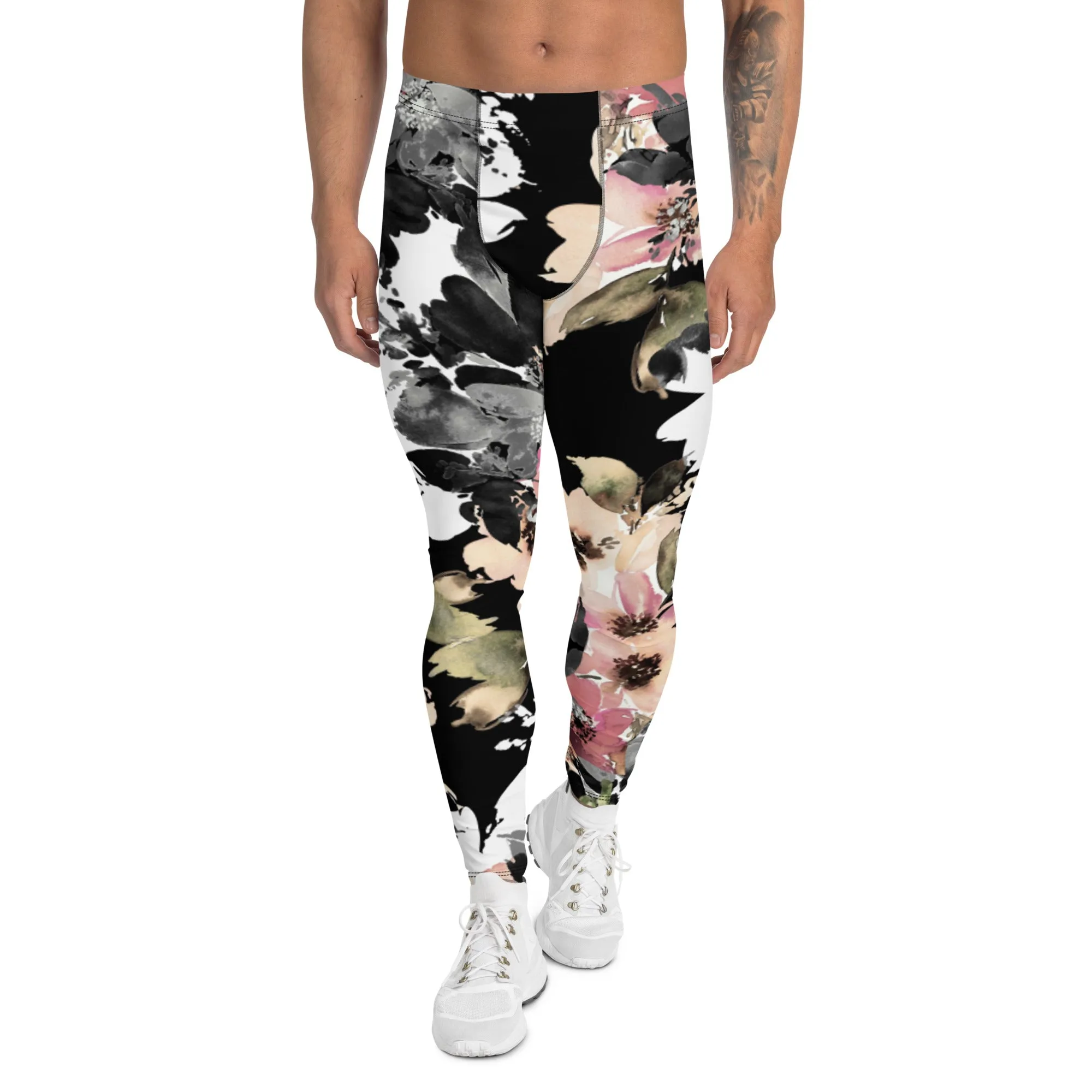 Black Pink Floral Men's Leggings, Classic Flower Print Best Designer Compression Tights For Men-Made in USA/EU/MX