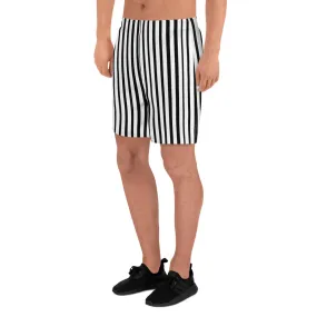 Black Striped Men's Shorts, White Vertical Stripe Athletic Long Shorts For Men-Made in USA/MX/EU