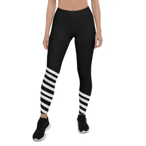 Black Striped Women's Causal Leggings, UPF 50  Best Modern Ladies Casual Tights- Made in USA/ EU/ MX