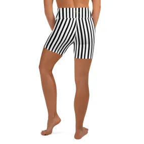 Black Striped Yoga Shorts, White Vertical Stripe Print Shorts For Women- Made in USA/ EU