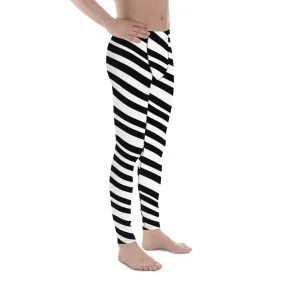 Black White Diagonally Striped Meggings, Men's Athletic Running Leggings-Made in USA/EU/MX