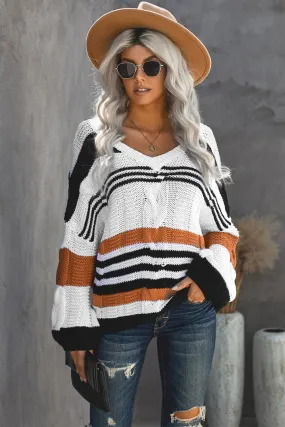 Brown White Stripe Color Block Bubblegum V-Neck Braided Knit Sweater