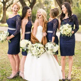 Elegant One Shoulder Long Sleeve Lace Navy Blue Bridesmaid Dresses, WG128