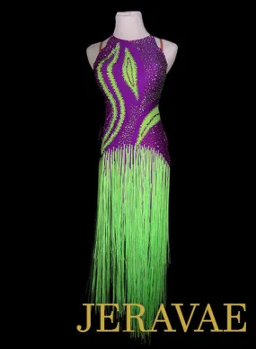 Neon Green and Fuchsia Purple Long Fringe Latin Dress Lat203 Medium